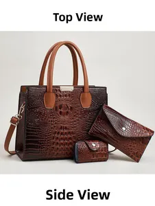 Three-piece set of mustard yellow faux leather bags with elegant lizard texture