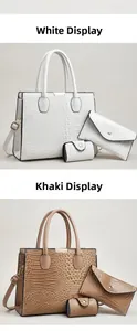 Detailed set of lizard pattern tote, envelope bag and wallet in white and khaki colors
