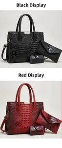 Three-piece tote bag set with lizard texture in black and red synthetic leather