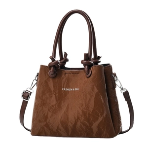 Brown faux leather tote bag with wavy texture and Fashion & Bag text logo