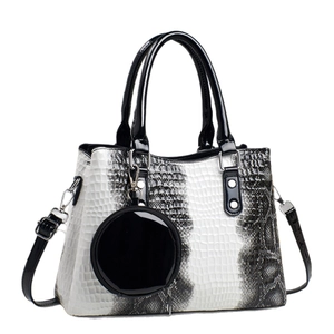 Fashionable black and white snakeskin pattern large tote bag with round coin purse accessory