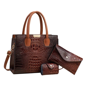 Three-piece brown lizard texture tote bag set with detachable shoulder strap and gold hardware