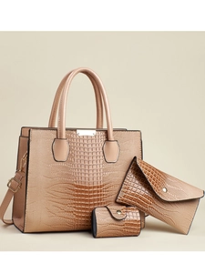 Ensemble 3 pièces de sacs nude effet croco avec grand cabas et pochette élégante