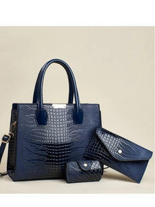 Ensemble de sacs à main bleu marine 3 pièces avec texture lézard, grand cabas et pochette