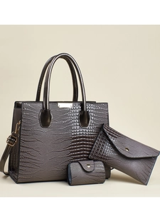 Ensemble de 3 sacs à main métallisés motif lézard avec cabas, pochette et porte-cartes
