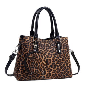 Stylish leopard print tote bag with matching round coin purse and black leather straps