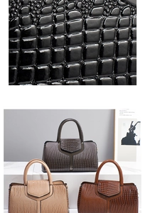 Three-color faux crocodile leather handbags with high-gloss texture and twin handles