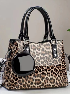 Sac À Main Imprimé Léopard En Cuir PU Brillant Cabas Avec Porte-Monnaie Rond Sac À Bandoulière Rétro Pour Femme