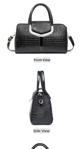 Detailed front and side views of a black crocodile embossed leather handbag with silver hardware