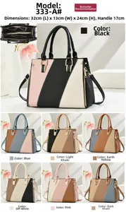 Detailed view of color-block tote bag showing size 32x13x24cm and multiple color options