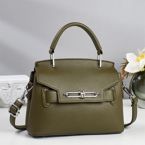 Olive green lychee pattern leather shoulder bag with silver hardware and top handle