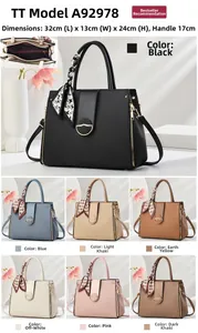 Detailed views of women's tote bag showing textured leather and silk scarf handle accent
