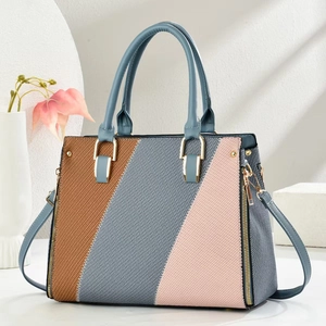 Three-color patchwork tote bag with woven texture and adjustable crossbody strap