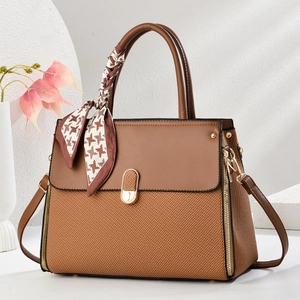Women Elegant PU Leather Stitched Handbag Shoulder Bag With Satin Scarf Large Capacity Commuting Fashion Crossbody Bag