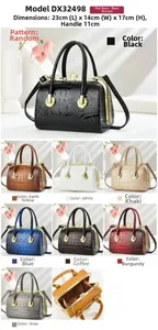Detailed chart showing crocodile pattern evening bags in eight colors and dimensions