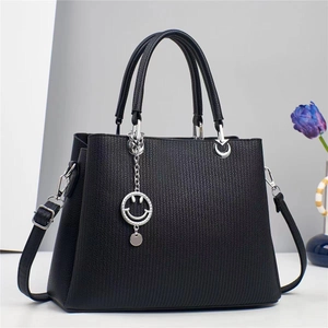 Women Handbag PU Leather Striped Texture Shoulder Crossbody Bag With Smiley Face Pendant Elegant Office Large Capacity Lady