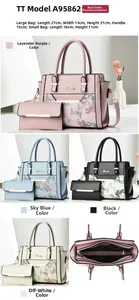 Detailed view of the embroidered handbag set with interior layout and size dimensions