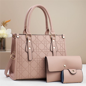 Three-piece women's crossbody bag set with diamond lattice stitching in soft dusty pink