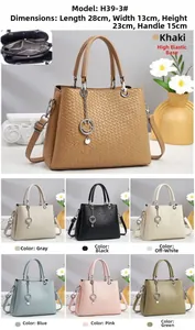 Detail of multi-color woven texture tote bags with dimensions and smiling metal charm