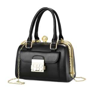 Elegant black retro doctor style evening bag with pearl clasp and golden logo detail