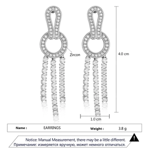 Silver zircon tassel earrings with dimensions showing 4.0cm length and 1.0cm width