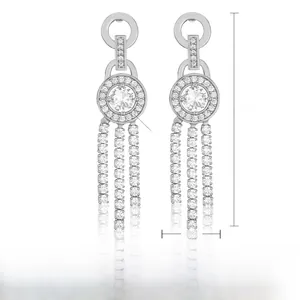 Detail view of silver tassel earrings with zircon stones and 4.3cm length measurement