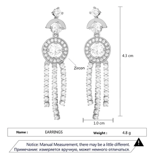 Detail shot of silver tassel earrings with zircon inlay showing dimensions 4.3x1.0cm