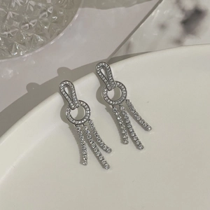 Detail shot of silver tassel earrings with micro-pave stones on a white ceramic tray