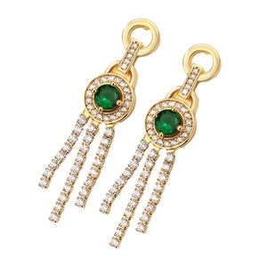 Elegant gold-tone long tassel earrings with emerald green stones and diamond accents