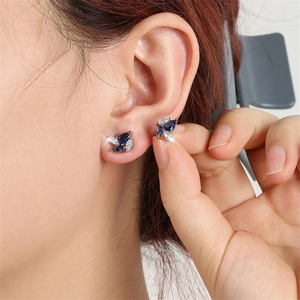 Vintage French blue leaf stud earrings with marquise zircon stones and silver plating