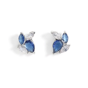 Vintage leaf stud earrings with deep blue and white zircons in silver setting