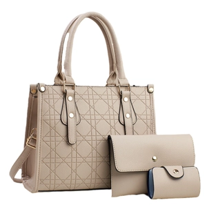 Three-piece beige faux leather handbag set with geometric diamond stitching and gold hardware