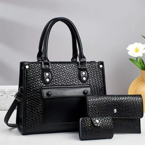 Women PU Leather Handbag Tote Bag And Clutch And Card Holder With Woven Embossed Texture Simple Fashion Shoulder Bag
