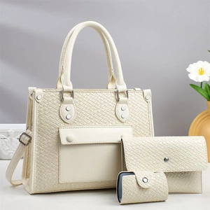 Chic 3-piece cream white embossed handbag set with tote, wallet, and key pouch