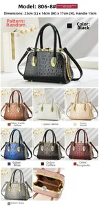 Detail view of crocodile pattern evening handbag with gold frame and various color options