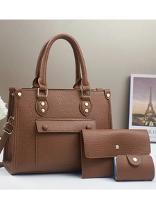 Caramel lychee grain faux leather three-piece bag set with tote, wallet and card holder