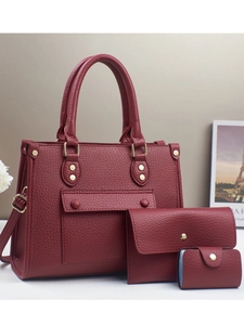 Three-piece litchi texture wine red tote bag set with matching wallet and card holder