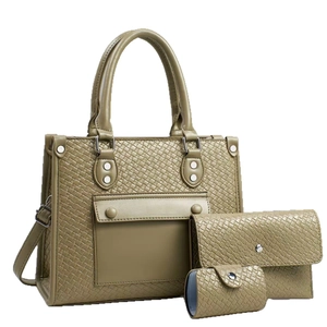 Olive green woven tote bag set for women with shoulder strap and matching pouches