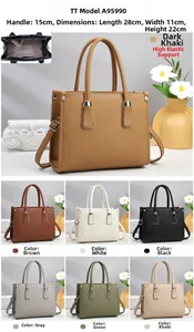 Detailed grid of leather handbags in seven colors with size 28x11x22cm dimensions