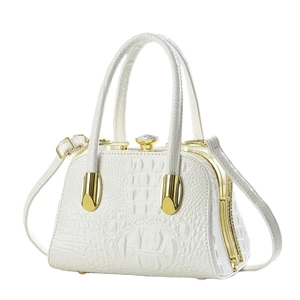 Elegant white crocodile pattern evening bag with luxury gold hardware and rhinestone clasp
