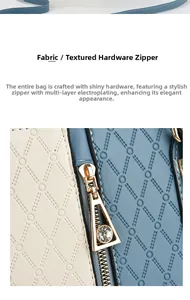 Macro view of gold-plated triangle zipper pull with rhinestone on a patterned handbag