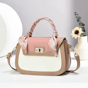 Three-color contrast square handbag for women with silk scarf handle and golden lock