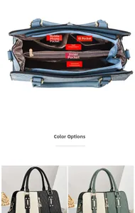Detail view of handbag interior compartments with multi-pocket organizer and zip pockets