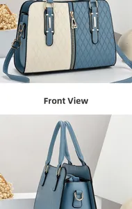 Detail view of blue and white color-block handbag with elegant diamond quilted pattern