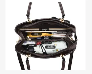 Internal view of the checkered tote showing multi-compartment large capacity for iPad