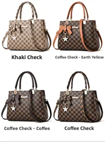 Detailed grid showing checkered tote bags in khaki, coffee, and brown with bow charms