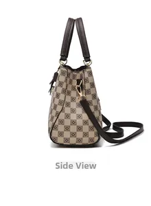 Side view of checkerboard pattern handbag with leather handles and gold-tone hardware