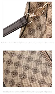 Detail of vintage checkered bag showing golden hardware buckle and woven fabric texture