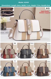 Detail view of stylish striped trapezoid handbag dimensions and multiple color options