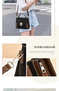 Detailed views of texture hardware and gold metallic buckle on black embossed handbag